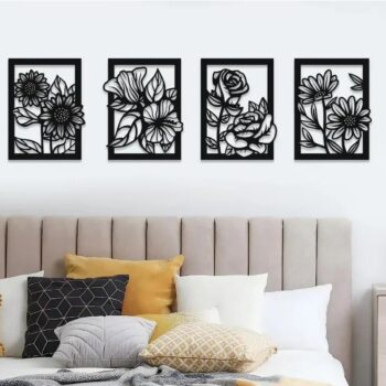 4 Set Flower in Frame Wooden Wall Decor | 4 Panel Flowers Wall Hangings (FIF)