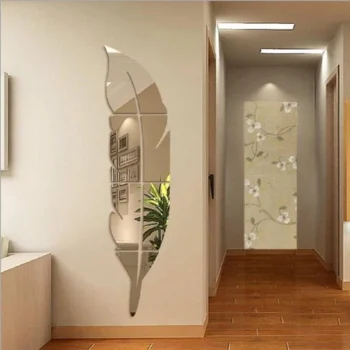 4pcs Feather Fumes Mirror Acrylic Wall Decor (Silver)(FFM)